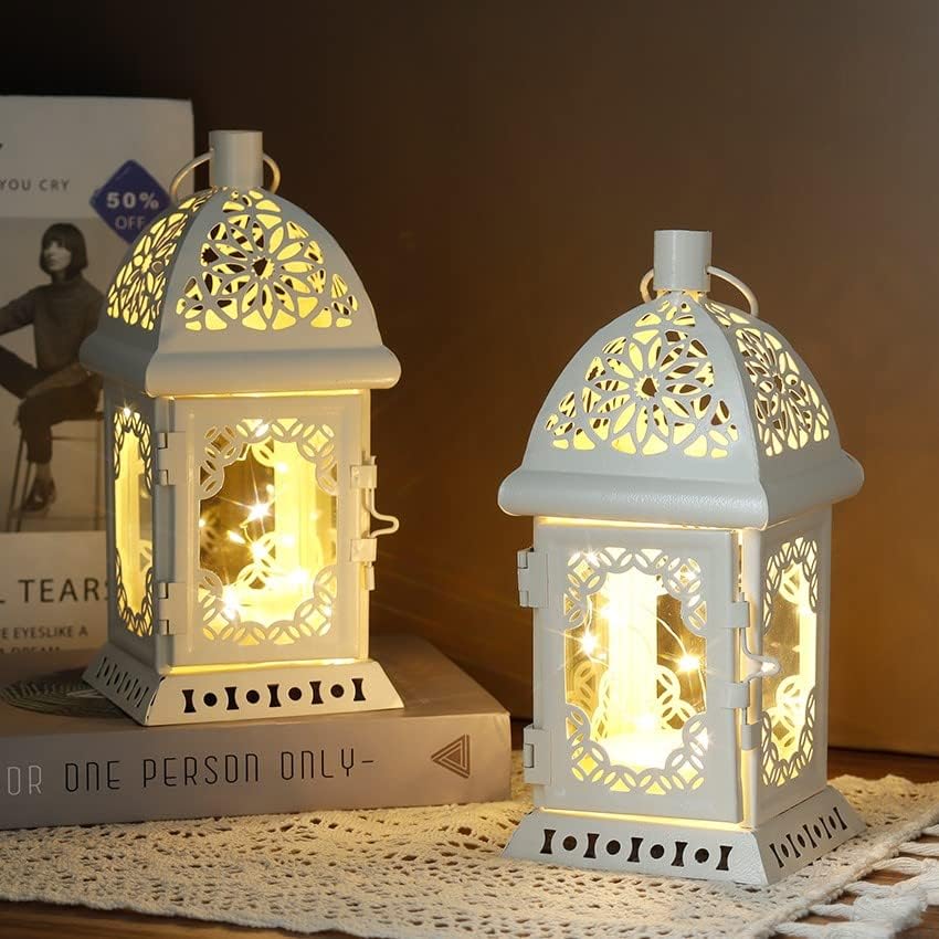 TRIROCKS Set of 2 Decorative Candle Lantern 20cm High Metal Hanging Candlestick Holders Perfect for Home Decor Living Room Parties Events Tabletop Indoors Outdoors (White)