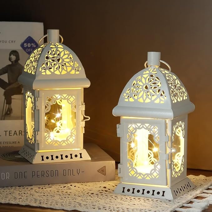 TRIROCKS Set of 2 Decorative Candle Lantern 20cm High Metal Hanging Candlestick Holders Perfect for Home Decor Living Room Parties Events Tabletop Indoors Outdoors (White)