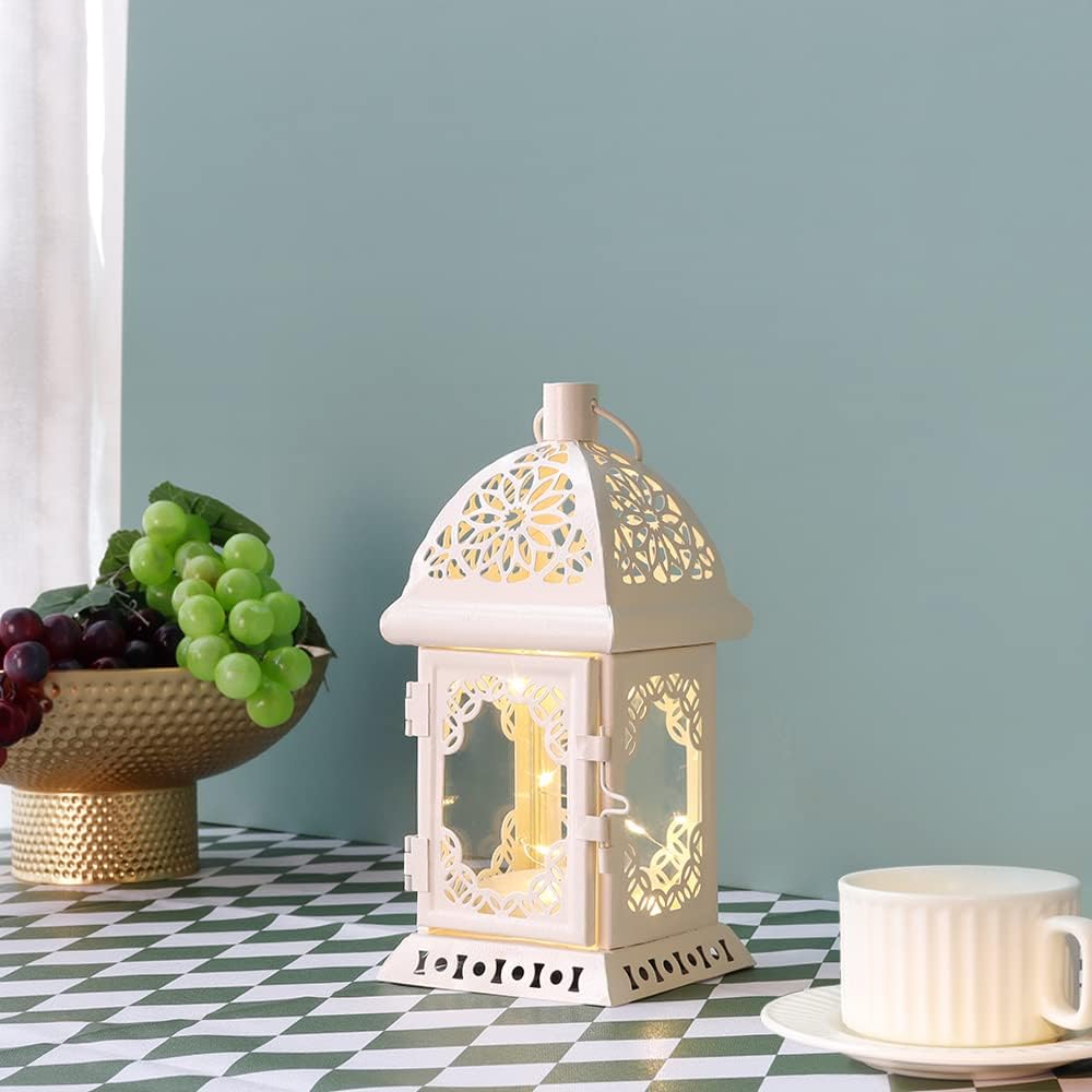 TRIROCKS Set of 2 Decorative Candle Lantern 20cm High Metal Hanging Candlestick Holders Perfect for Home Decor Living Room Parties Events Tabletop Indoors Outdoors (White)