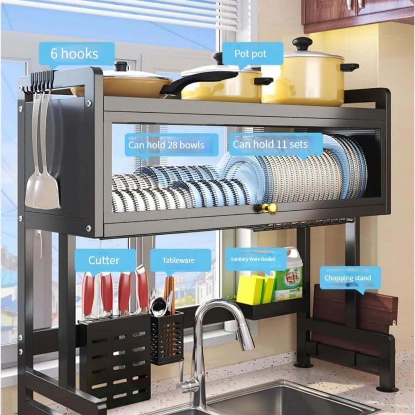 Premium Quality Heavy Duty Over The Sink Dish Drying Stand 3 Tier Large Dish Rack Over The Counter Dish Drying Rack for Kitchen Sink Shelf with Door Dish Organizer with Dust-Proof Cabinet