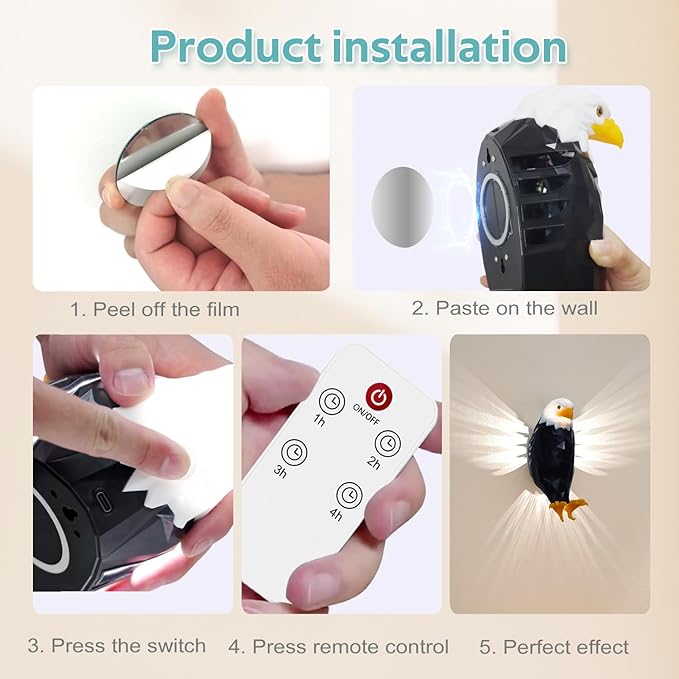 Eagle Wall Light, American Animal Bird Wall Night Light, Magnetic Led Wall Mounted Eagle Lamp, with Remote Control, USB Charging, Battery Operated & Removable Charging Eagle Light for Indoors