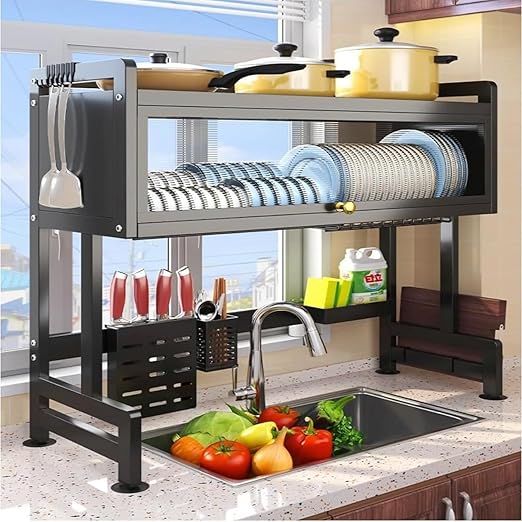 Premium Quality Heavy Duty Over The Sink Dish Drying Stand 3 Tier Large Dish Rack Over The Counter Dish Drying Rack for Kitchen Sink Shelf with Door Dish Organizer with Dust-Proof Cabinet