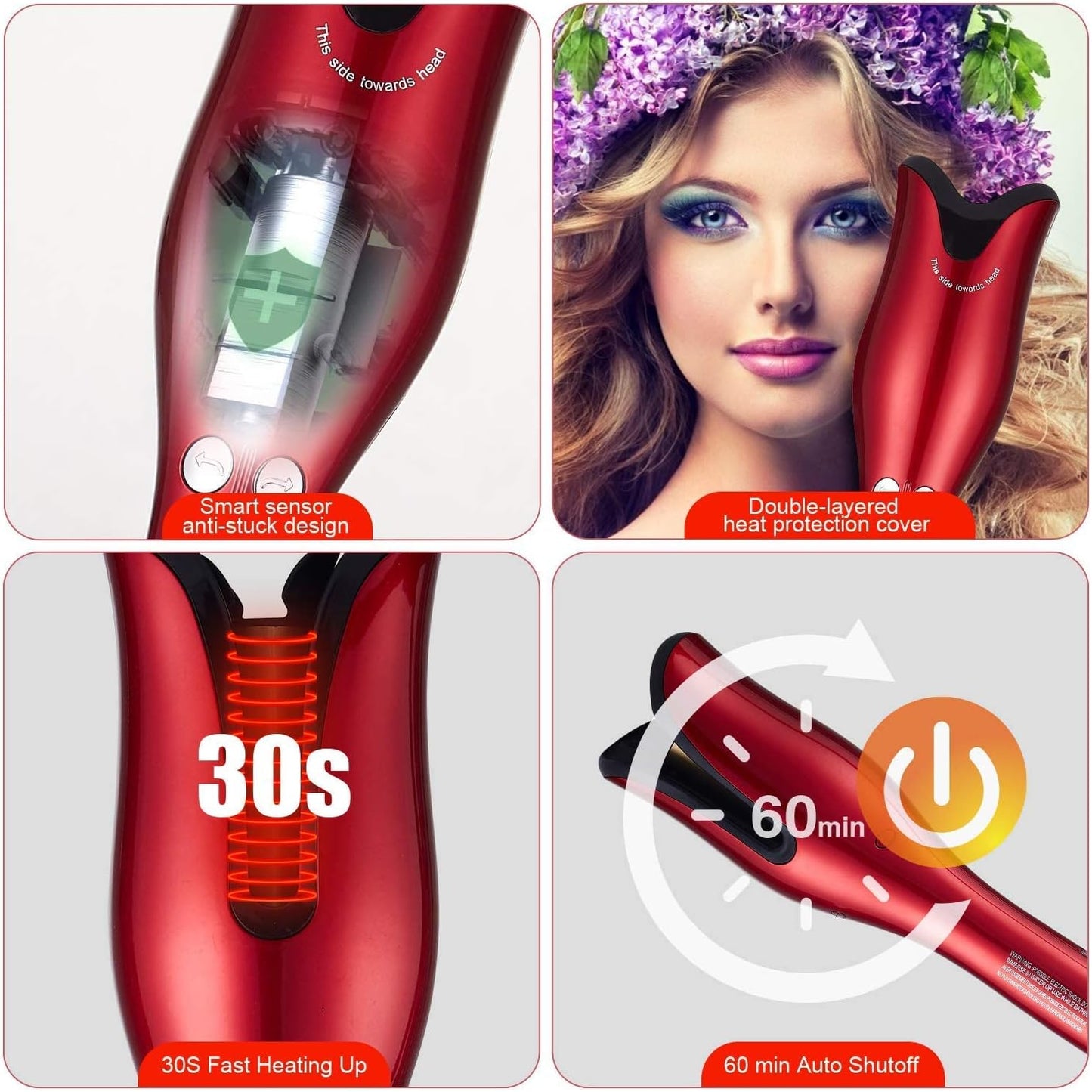 HICITI Multi-Automatic Hair Curler Hair Curling Iron LCD Ceramic Rotating Hair Waver Magic Curling Wand Irons Hair Styling Tools (RED)